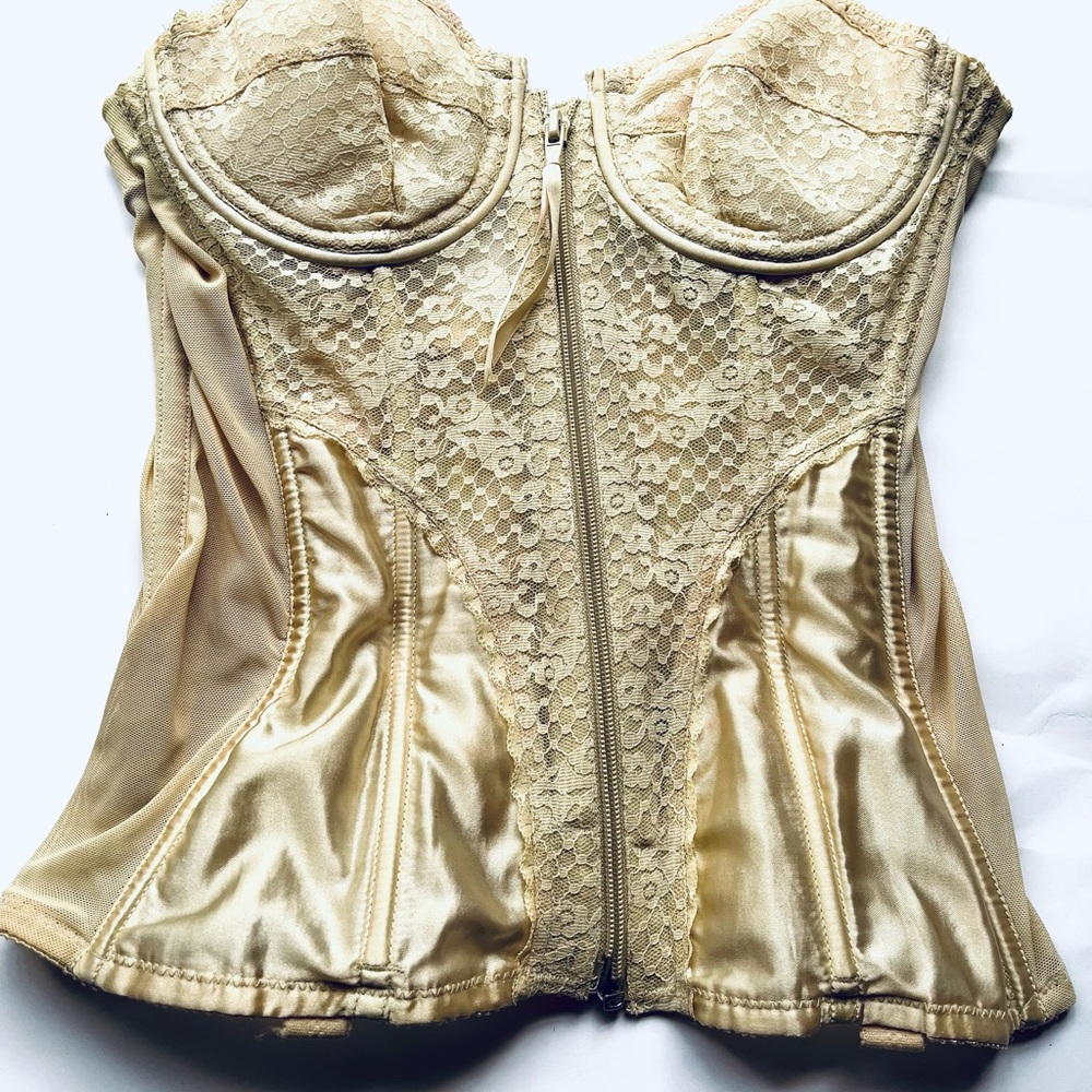 Lady Marlene Vtg Boned Underwire Full Zip Beige Lace Bustier Corset - 34C
